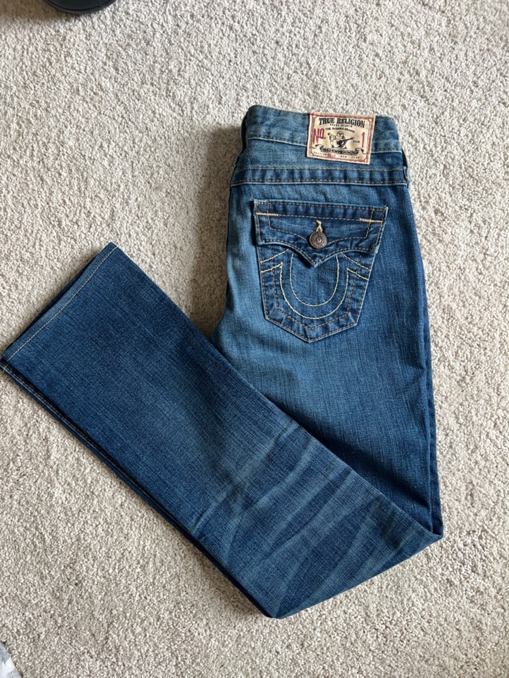 True Religion Women's Straight Leg Jeans in Medium Blue Wash